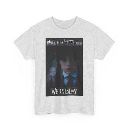 Front view of a premium Wednesday Addams Unisex Graphic Tee displaying the quote 'Black is my happy color', perfect for a sophisticated gothic wardrobe.