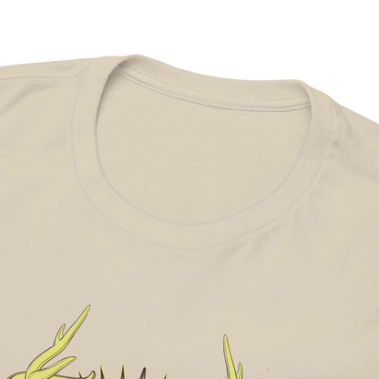 Close-up of the neckline of a premium men's t-shirt showcasing a detailed antler and skull graphic, embodying sophistication and style.