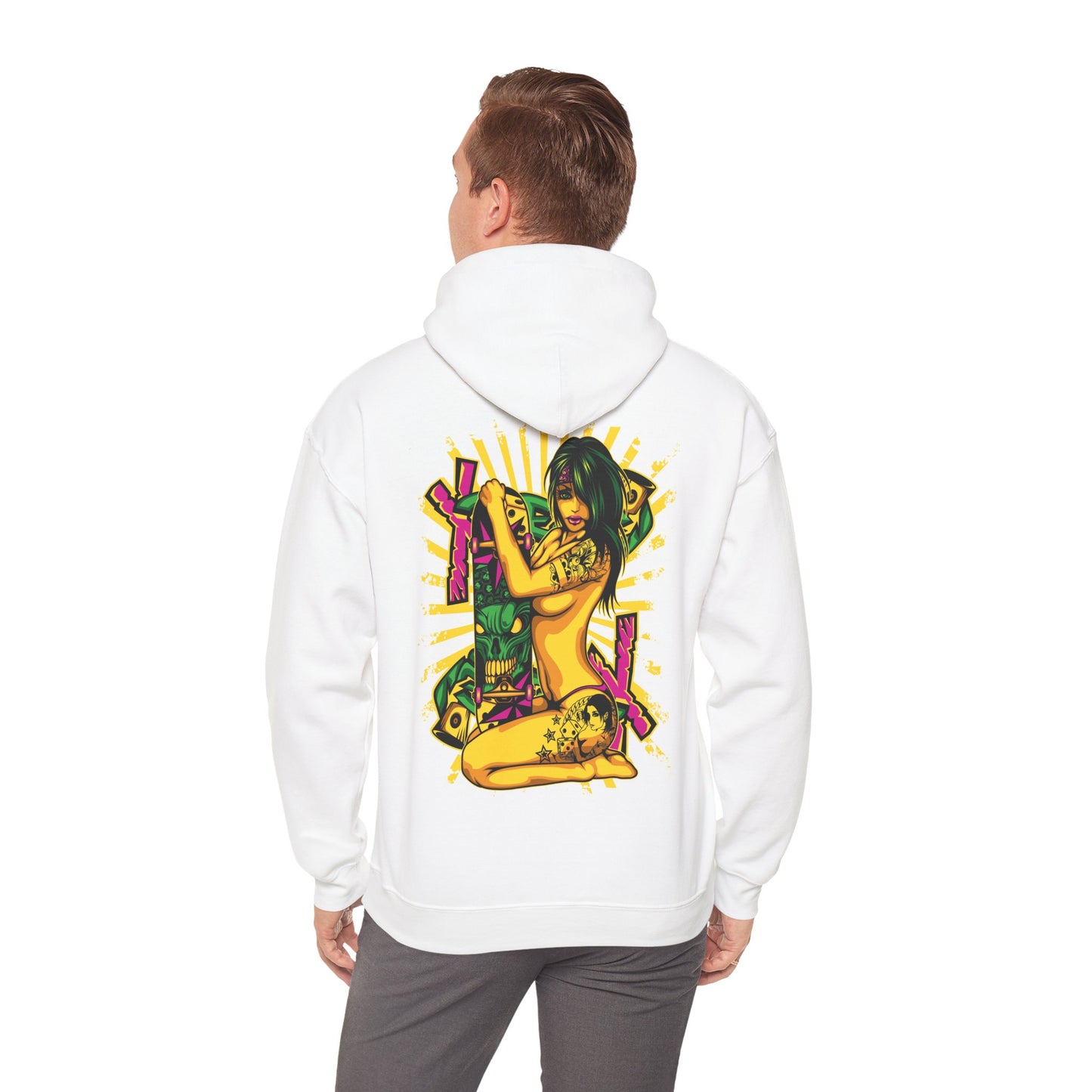Trendy white hoodie worn by a male model, featuring a striking pop art design on the back, perfect for fashionable outings.