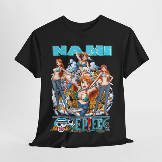 Luxurious Nami Anime T-Shirt featuring stunning artwork with dynamic poses of Nami, embellished with vibrant colours against a black backdrop, perfect for anime enthusiasts.
