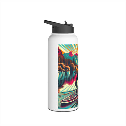 Chic Fantasy Paddleboarding Stainless Steel Water Bottle with a stunning paddleboarding graphic against a picturesque backdrop of mountains and reflective water.