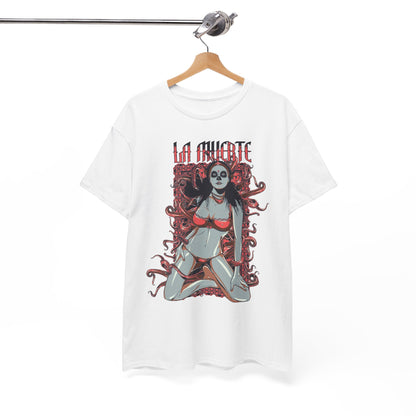 Stylish white t-shirt with a compelling La Muerte graphic, designed to hang elegantly, featuring an intricate sugar skull motif, presenting a perfect blend of cultural homage and luxury.