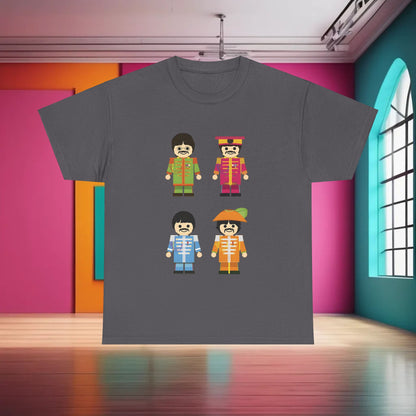 The Toy Beatles Graphic T-Shirt in charcoal grey showcasing stylized cartoon figures of The Beatles in colourful outfits, a luxurious homage to iconic pop culture.