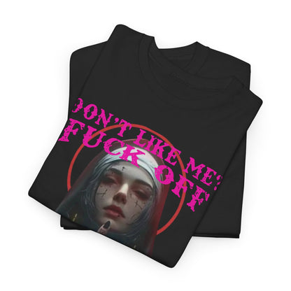 Chic black T-shirt displaying a captivating gothic nun graphic in a layered style, complemented by vivid pink text stating "DON'T LIKE ME? FUCK OFF" and "PROBLEM SOLVED" for a luxurious urban statement.