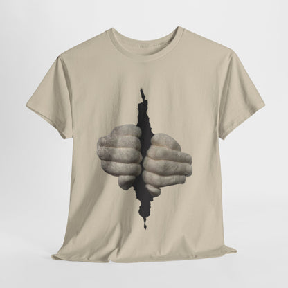 Let Me Out Funny Graphic Unisex T Shirt featuring a dramatic design of two hands grasping a tear in the fabric, perfect for urban fashion enthusiasts.