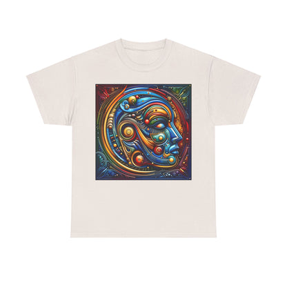 Stained Glass Dreams Unisex T-Shirt in off-white presenting a luxurious abstract face graphic combining elements of vibrant artistry.