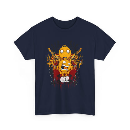 Stunning navy blue men's graphic t-shirt showcasing a vibrant and whimsical illustration of emotive characters with guns in a dynamic setting.