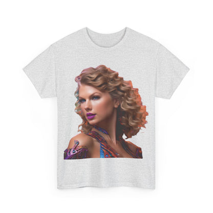 Front view of the Swifties psychedelic Taylor Swift Heavy Cotton Tee in heather grey, featuring a vivid psychedelic image of Taylor Swift, perfect for showing off your Swiftie pride.