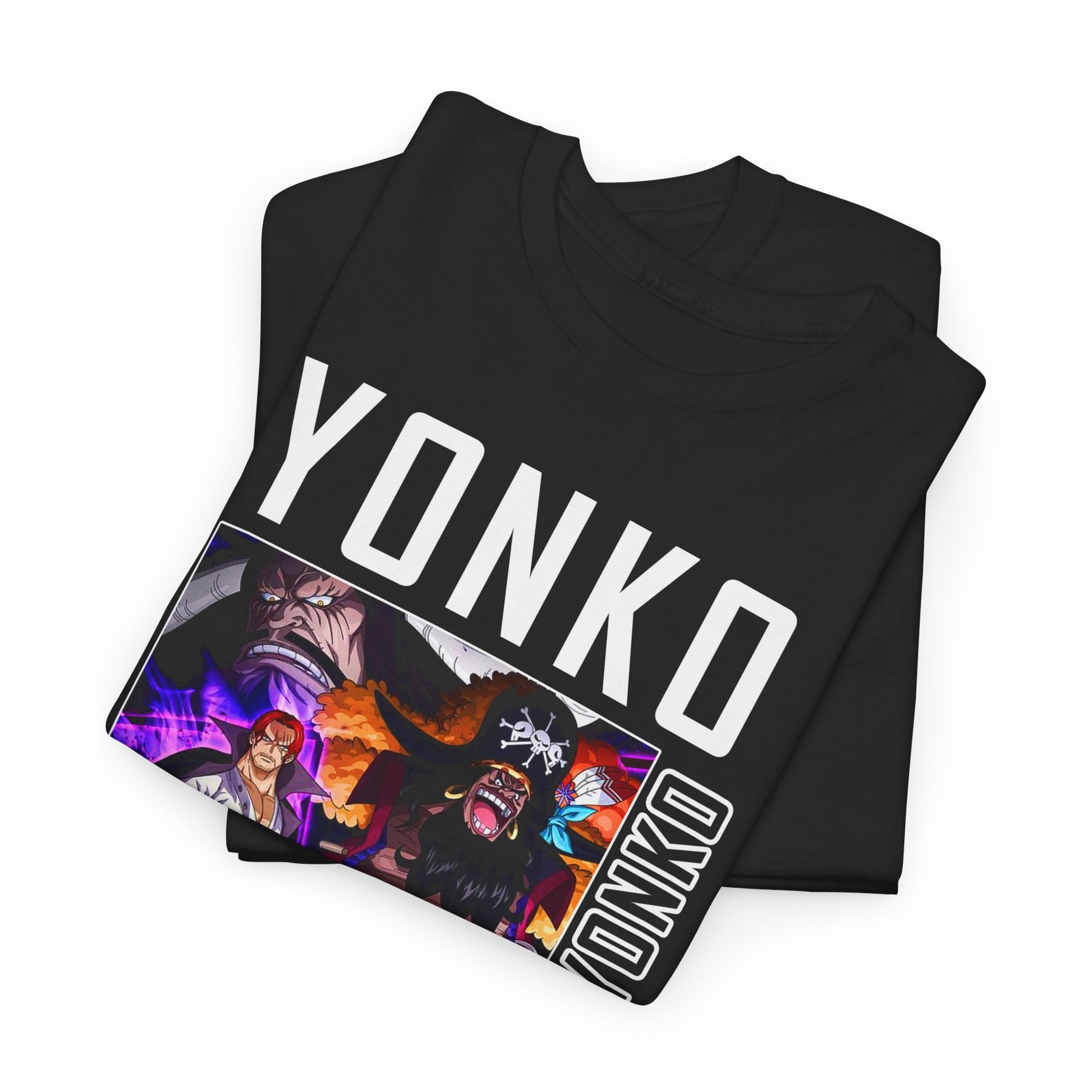 Folded black YONKO graphic tee showcasing intricate designs of Shanks, Kaido, Big Mom, and Blackbeard, ideal for anime lovers.