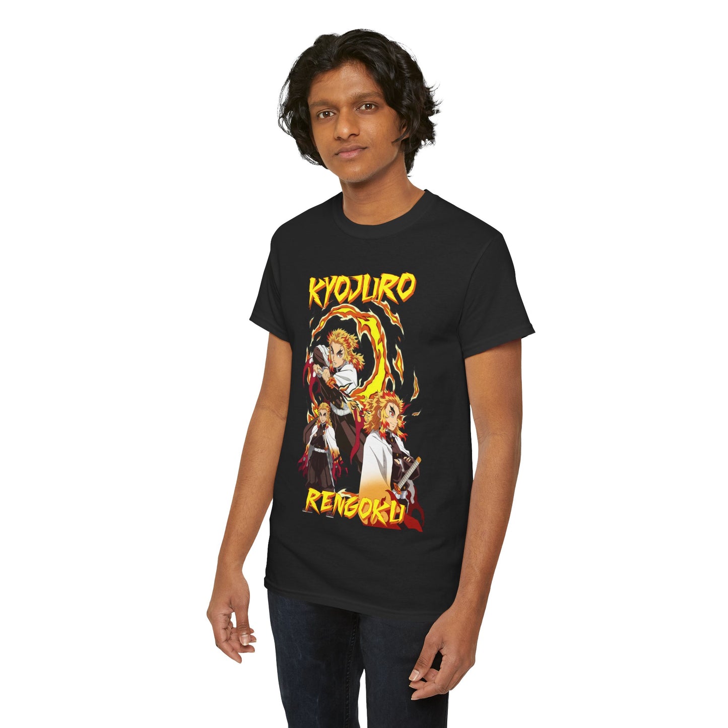Stylish Kyojuro Rengoku graphic tee showcasing the iconic character from Demon Slayer, adorned with intricate fiery designs, ideal for fashion-forward anime fans.
