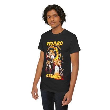 Stylish Kyojuro Rengoku graphic tee showcasing the iconic character from Demon Slayer, adorned with intricate fiery designs, ideal for fashion-forward anime fans.