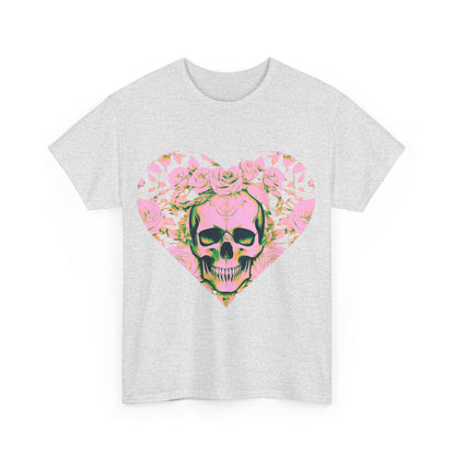 Front view of the light grey Skulls and Roses Cotton Tee with a striking heart design of skulls and roses, blending luxury with edgy style.