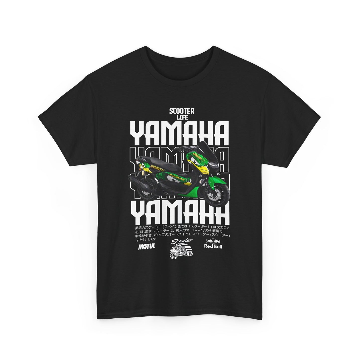 Luxury black men's t-shirt featuring a vibrant Yamaha scooter graphic, encapsulating the essence of scooter lifestyle with bold ‘Scooter Life’ text and intricate Japanese accents.