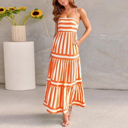 Summer Striped Printed Suspender Long Dress With Pockets in vibrant orange and white stripes, ideal for stylish summer events, showcasing a luxurious look.