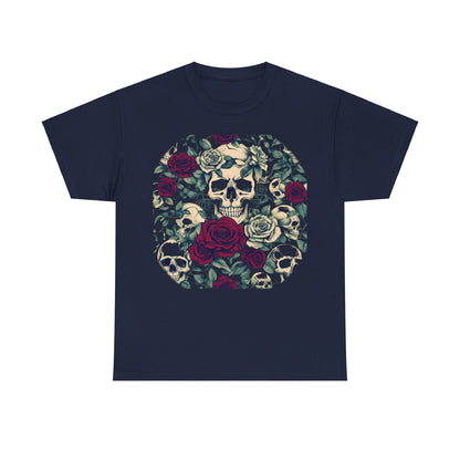Elegant Skulls and Roses Cotton Tee displayed in navy, highlighting a captivating graphic of skulls intertwined with vibrant rose motifs.