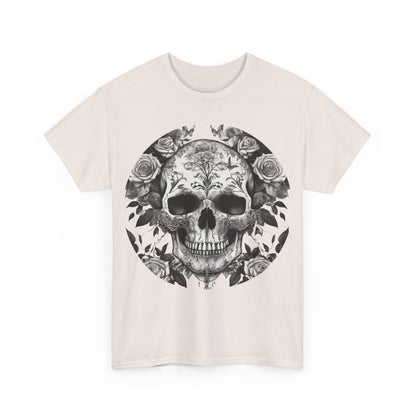 Front view of the Skulls and Roses Cotton Tee, unisex graphic shirt, showcasing the striking skull and rose graphic on a light background.
