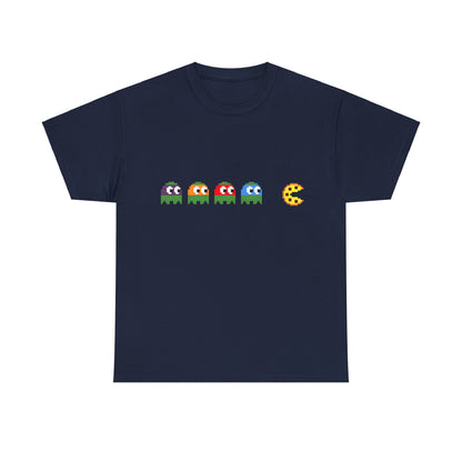 Introduce nostalgia into your wardrobe with the Teenage Mutant Ninja Turtles Pizza Pacman Graphic Unisex Tee Shirt in dark navy, showcasing playful Pac-Man and ghost graphics.