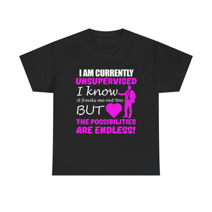 Elegant black men's graphic t-shirt showcasing a striking design with the phrase 'I AM CURRENTLY UNSUPERVISED', adorned with sophisticated cursive and bold hot pink highlights.