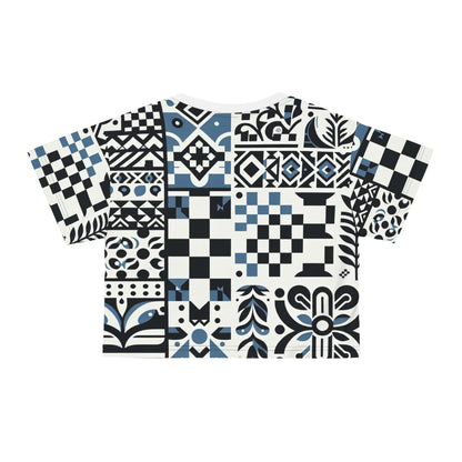 Artistic representation of the back of the Lorelei Beaumont Trendy Crop Top featuring sleek blue and black designs, made of 100% silky-soft polyester to elevate any wardrobe.