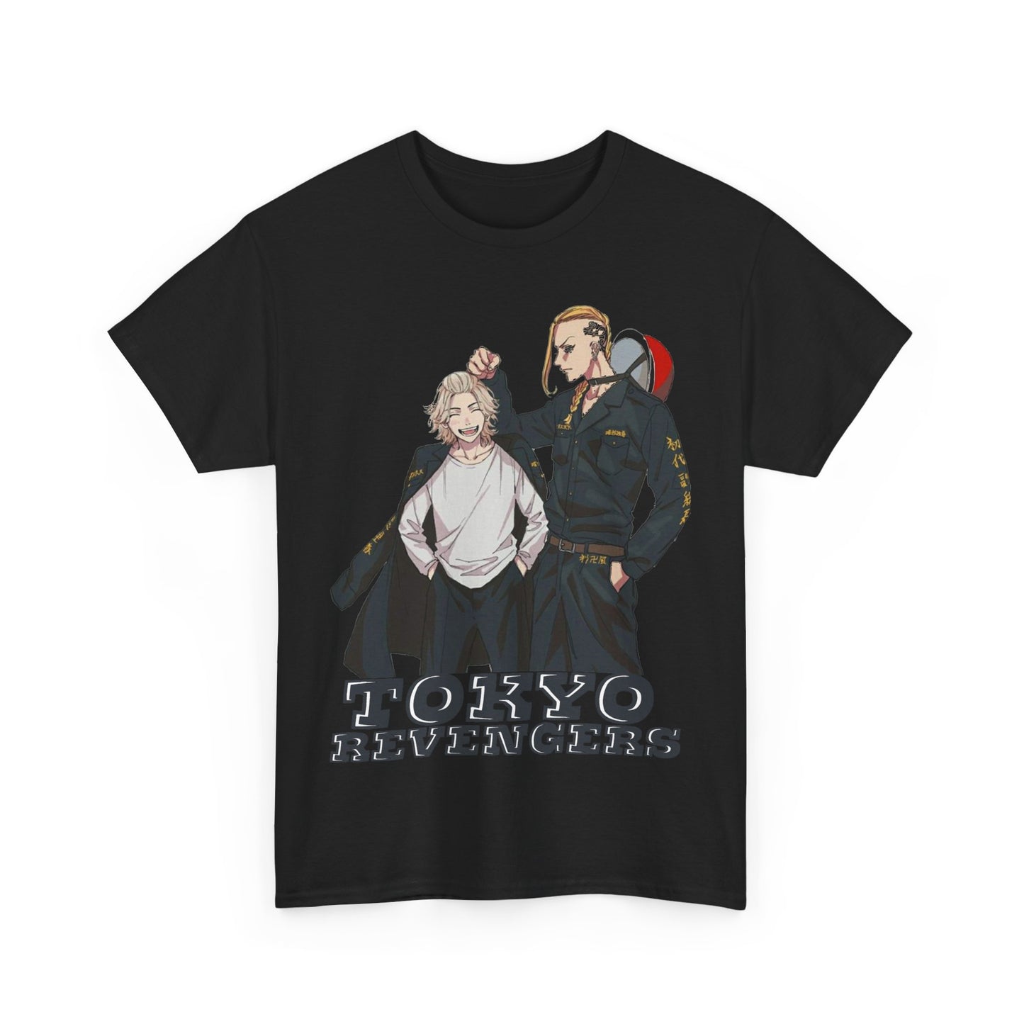 Sophisticated Tokyo Revengers anime men's t-shirt in black, showcasing a stunning design of two characters and 'Tokyo Revengers' text, blending fandom with refined fashion.