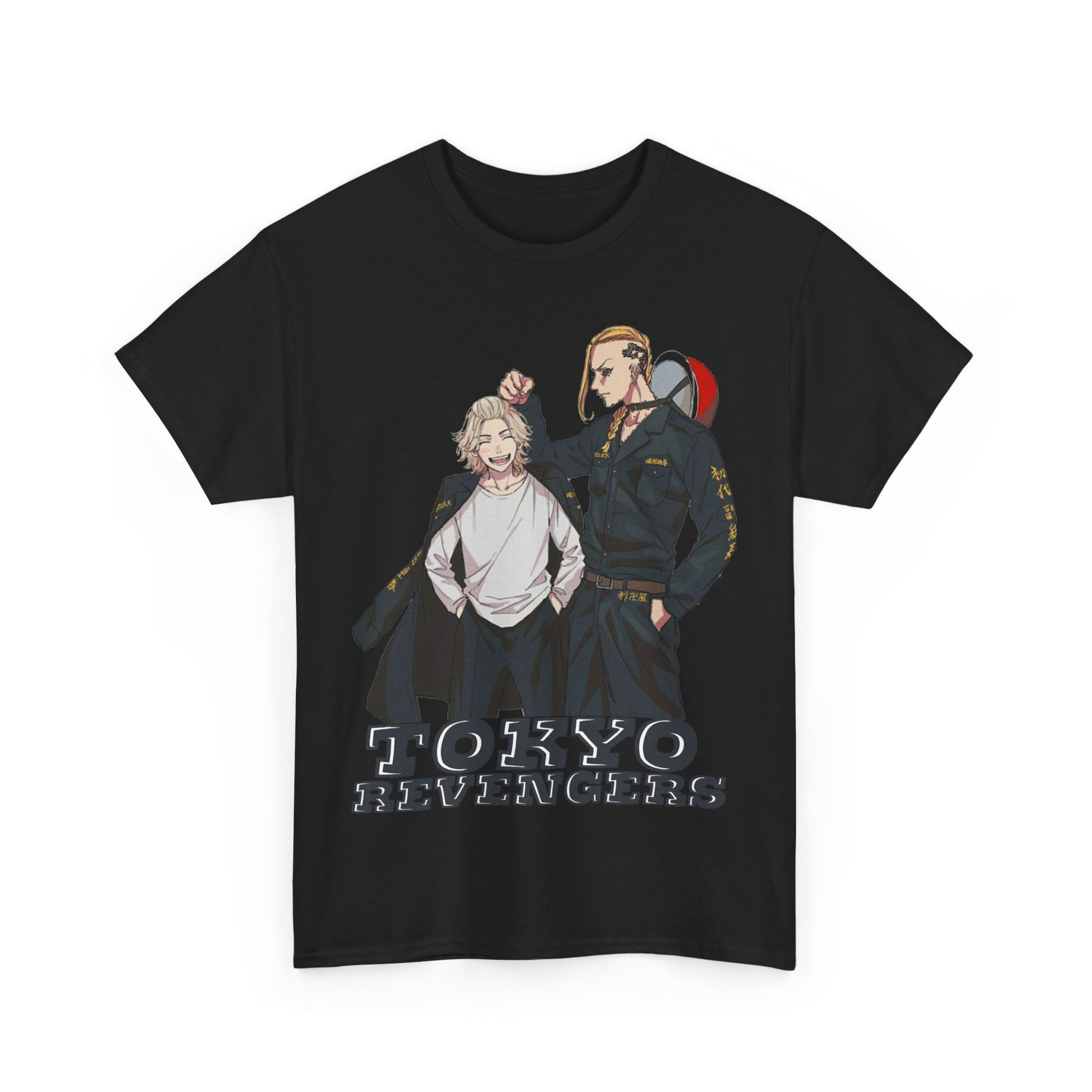 Sophisticated Tokyo Revengers anime men's t-shirt in black, showcasing a stunning design of two characters and 'Tokyo Revengers' text, blending fandom with refined fashion.