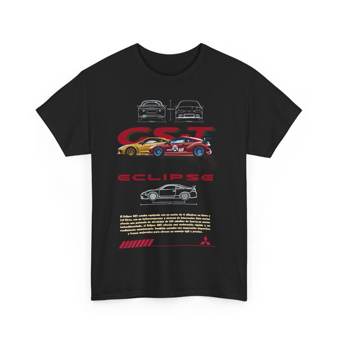 Front view of a black Mitsubishi Eclipse GST men's t-shirt with striking graphic details, highlighting the car's dynamic design and engineering excellence.