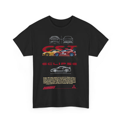 Front view of a black Mitsubishi Eclipse GST men's t-shirt with striking graphic details, highlighting the car's dynamic design and engineering excellence.
