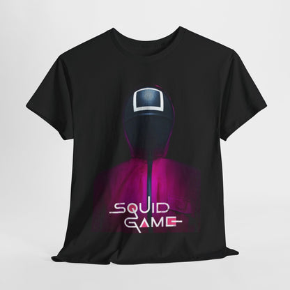 Luxurious black Squid Game unisex t-shirt featuring a vibrant graphic of a masked character, perfect for fashion-forward fans.