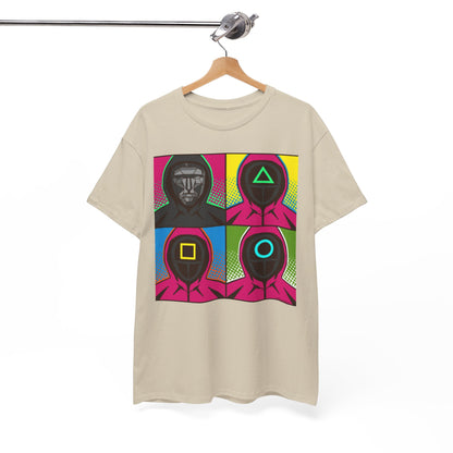 Squid Game Pop Art Unisex T-Shirt hanging on a wooden hanger, featuring vibrant graphic design with iconic masked guards in a playful, pop art style.