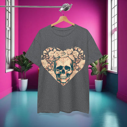 Luxurious display of the Skulls and Roses Cotton Tee hanging against a vibrant backdrop, accentuating its unique skull and rose design.