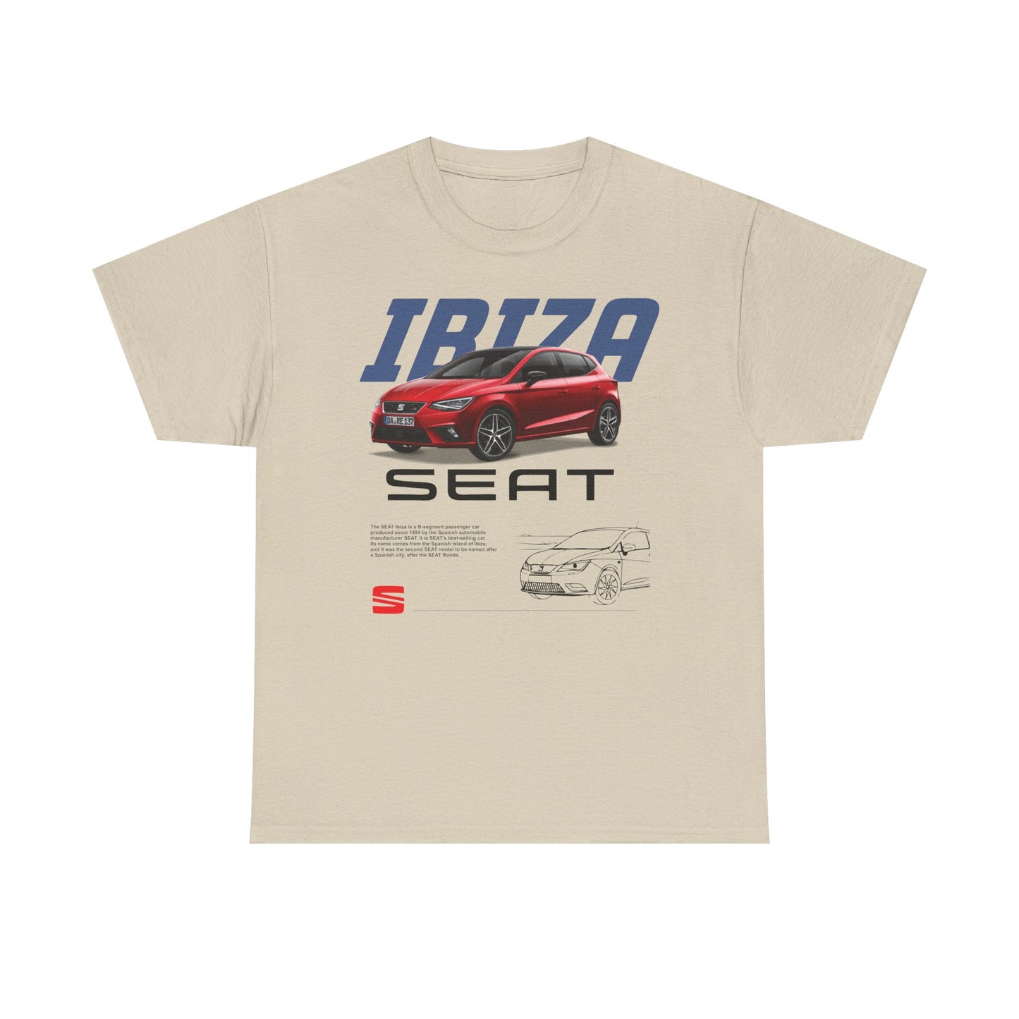 Luxury beige men's t-shirt featuring a striking SEAT Ibiza car design, elegantly showcasing the car's sporty silhouette with bold typography.