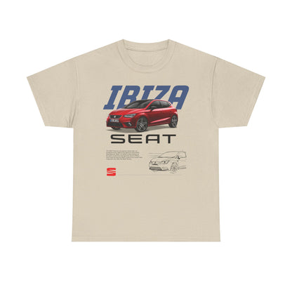 Luxury beige men's t-shirt featuring a striking SEAT Ibiza car design, elegantly showcasing the car's sporty silhouette with bold typography.