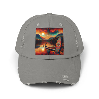 Unisex Distressed Paddleboarders Cap showcased in sophisticated grey, adorned with an eye-catching paddleboarding artwork, ensuring stylish sun protection for paddlers.