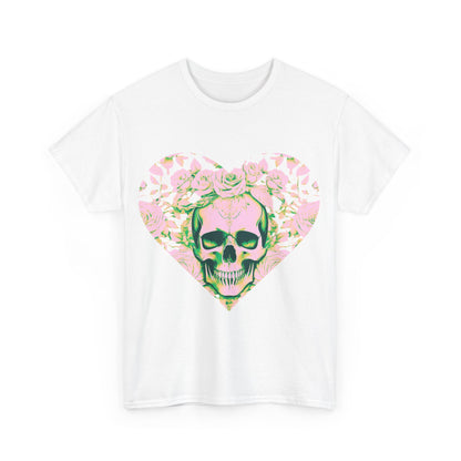 Close-up view of the Skulls and Roses Cotton Tee showcasing the exquisite skull and rose artwork, perfect for those who embrace edgy elegance.