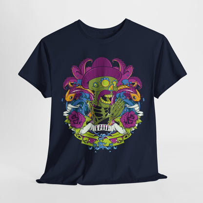 Draped navy t-shirt featuring an eye-catching graphic of a skeleton surrounded by aquatic elements and floral designs, conveying a luxurious style.