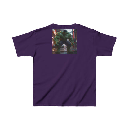 Kids Heavy-Duty Hulk Graphic Tee featuring an impressive Hulk depiction, crafted for little superheroes, available in a sophisticated purple shade.