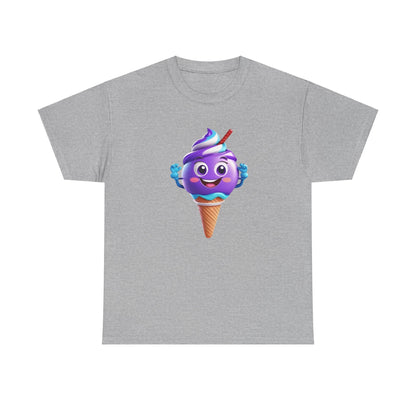 Scoop of Joy: Cartoon Ice Cream Cone Character Tee in grey, highlighting a delightful purple ice cream character, exuding happiness and charm through its whimsical design.