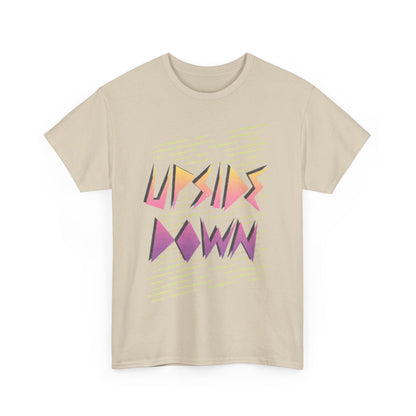 Sophisticated beige graphic tee with 'UPSIDE DOWN' lettering in a mix of pastel hues, perfect for those who appreciate fashionable nostalgia.