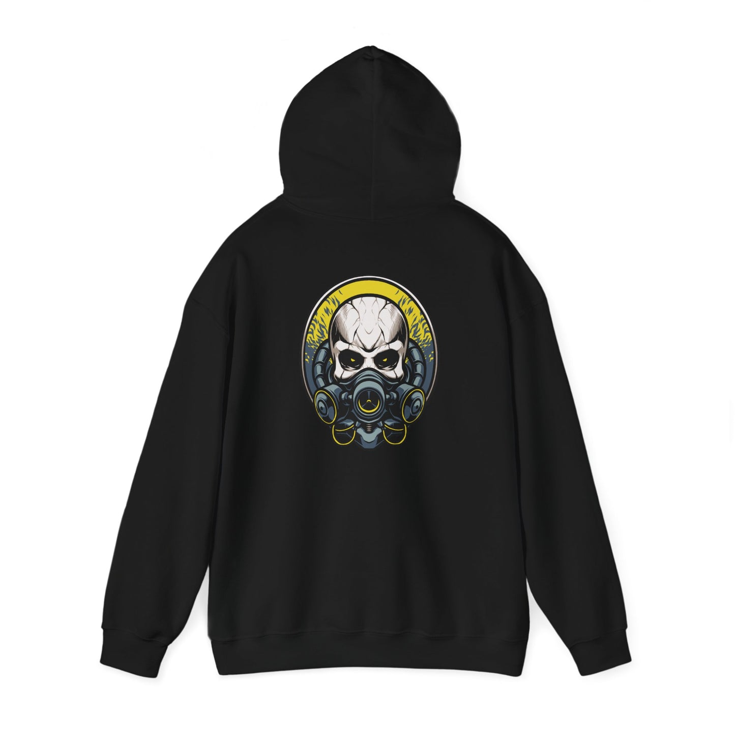 Elegant black hoodie showcasing a detailed Steampunk skull graphic with gas mask, highlighted by striking yellow accents, perfect for stylish casual wear.