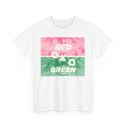 Stylish Squid Game Unisex Men’s Women’s Graphic Cotton Funny T Shirt Tee showcasing an artistic interpretation of 'RED LIGHT' and 'GREEN LIGHT' in eye-catching pink and green, perfect for those who dare to stand out.
