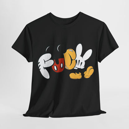 Mickey's Rebellion F**K Graphic T-Shirt in black, featuring a bold design with playful Mickey Mouse glove motifs and a rebellious statement. Urban unisex cotton tee for stylish self-expression.