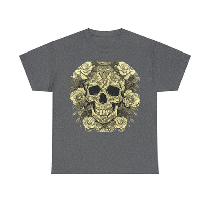 Skulls and Roses Cotton Tee in dark grey; a luxurious unisex graphic shirt adorned with detailed skull and rose artwork, ideal for expressing individuality.