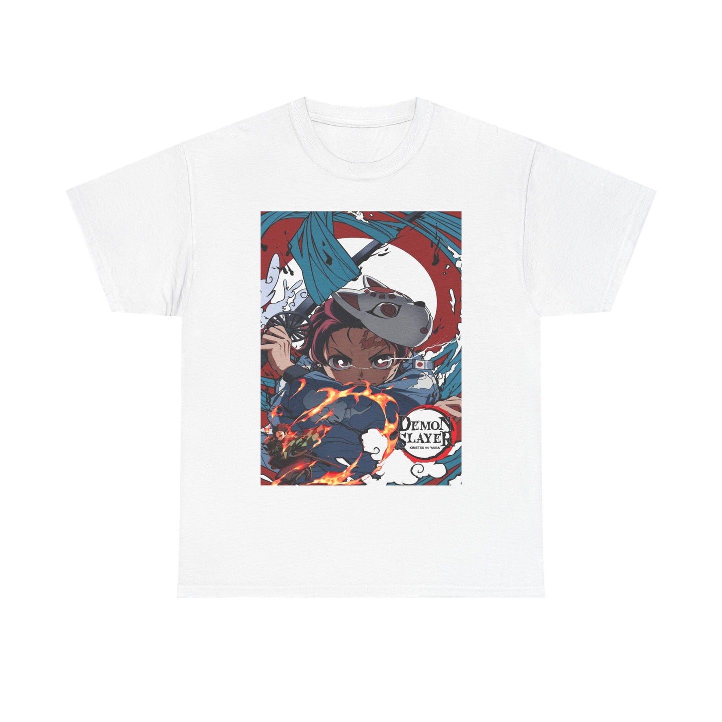 Refined white Demon Slayer t-shirt featuring a stunning depiction of Tanjiro Kamado amid fiery motifs, an essential addition for any stylish anime collector.