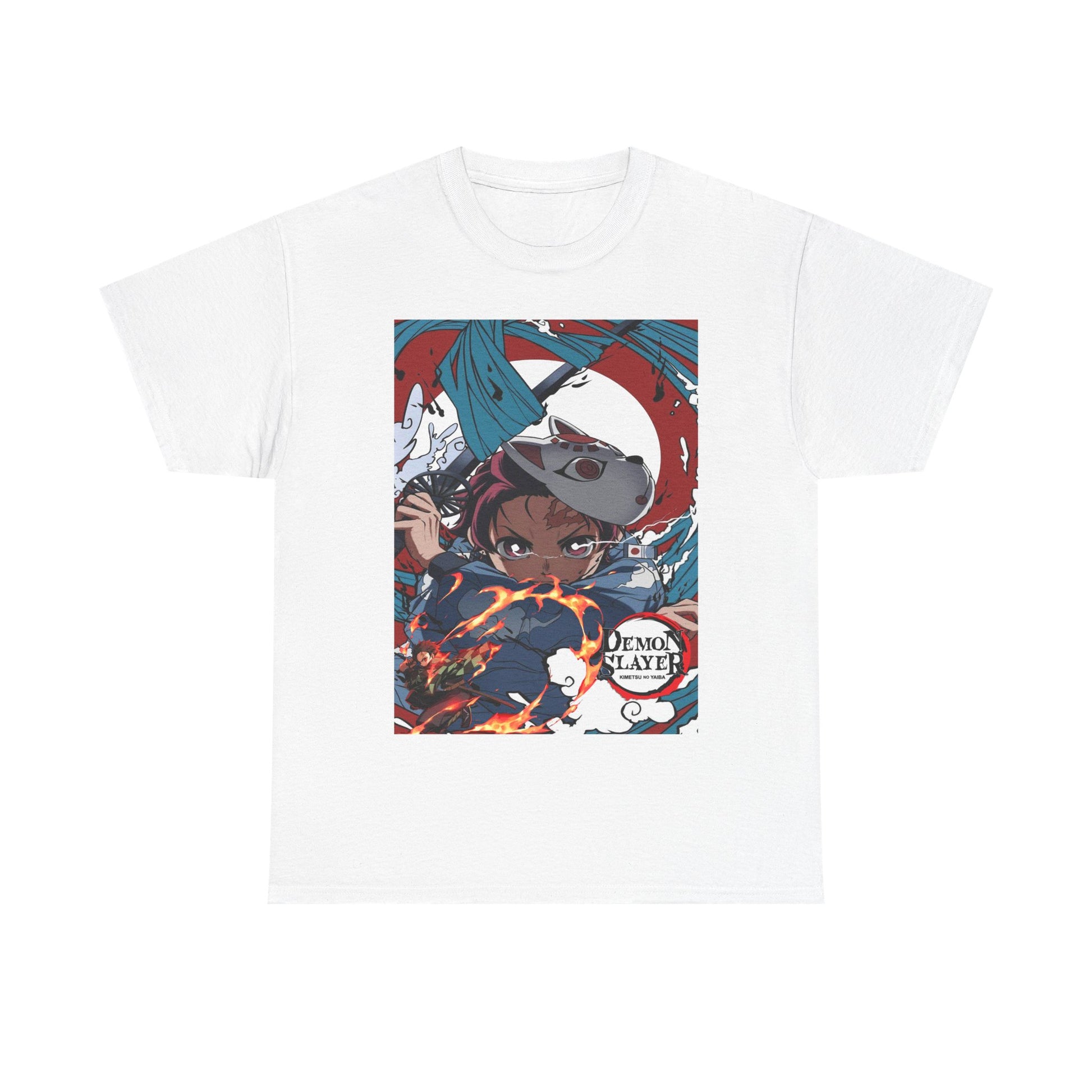 Refined white Demon Slayer t-shirt featuring a stunning depiction of Tanjiro Kamado amid fiery motifs, an essential addition for any stylish anime collector.