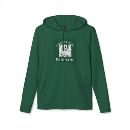 Adidas Women’s Fleece 'I Need a Good Paddling' Hoodie in elegant green, showcasing a stylish graphic design perfect for paddleboard enthusiasts.