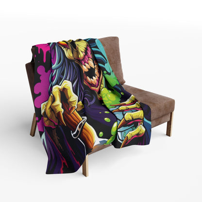 Chic Decorative and Warm Halloween Spooky Arctic Fleece Blanket draped over a stylish armchair, featuring a vibrant Halloween-themed design for a festive touch