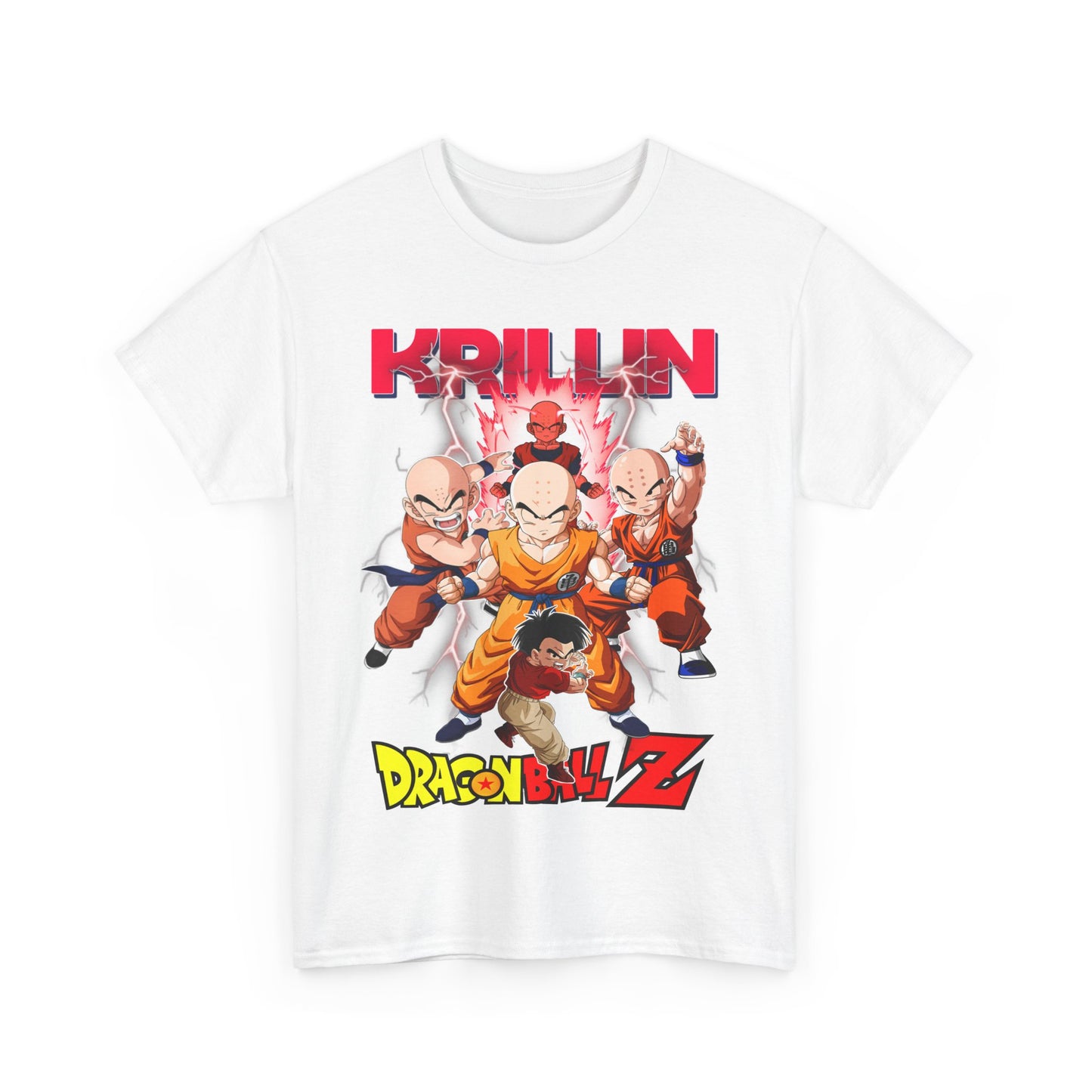Artistic view of a Dragon Ball Z themed T-shirt featuring the character Krillin, designed with vibrant colours and dynamic action scenes.