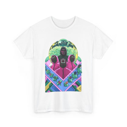 Exclusive Squid Game unisex t-shirt showcasing an artistic portrayal of iconic characters, elegantly designed for fans seeking a fashionable statement.