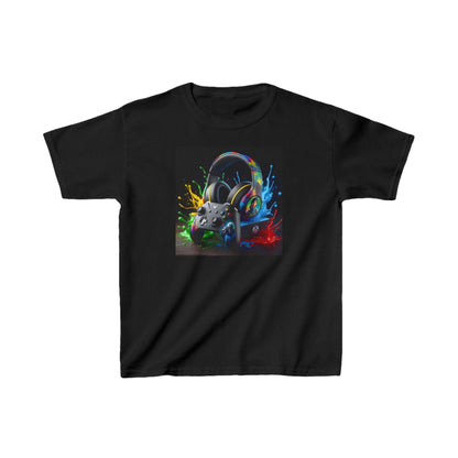 Unisex Children's Gaming Graphic Cotton Tee featuring a stylish design of a gaming headset and controller in vibrant colours, ideal for little gamers seeking comfort and style.