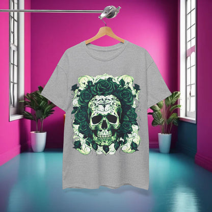 Skulls and Roses Cotton Tee elegantly displayed in a modern interior, highlighting the striking graphic design against a vibrant pink backdrop.
